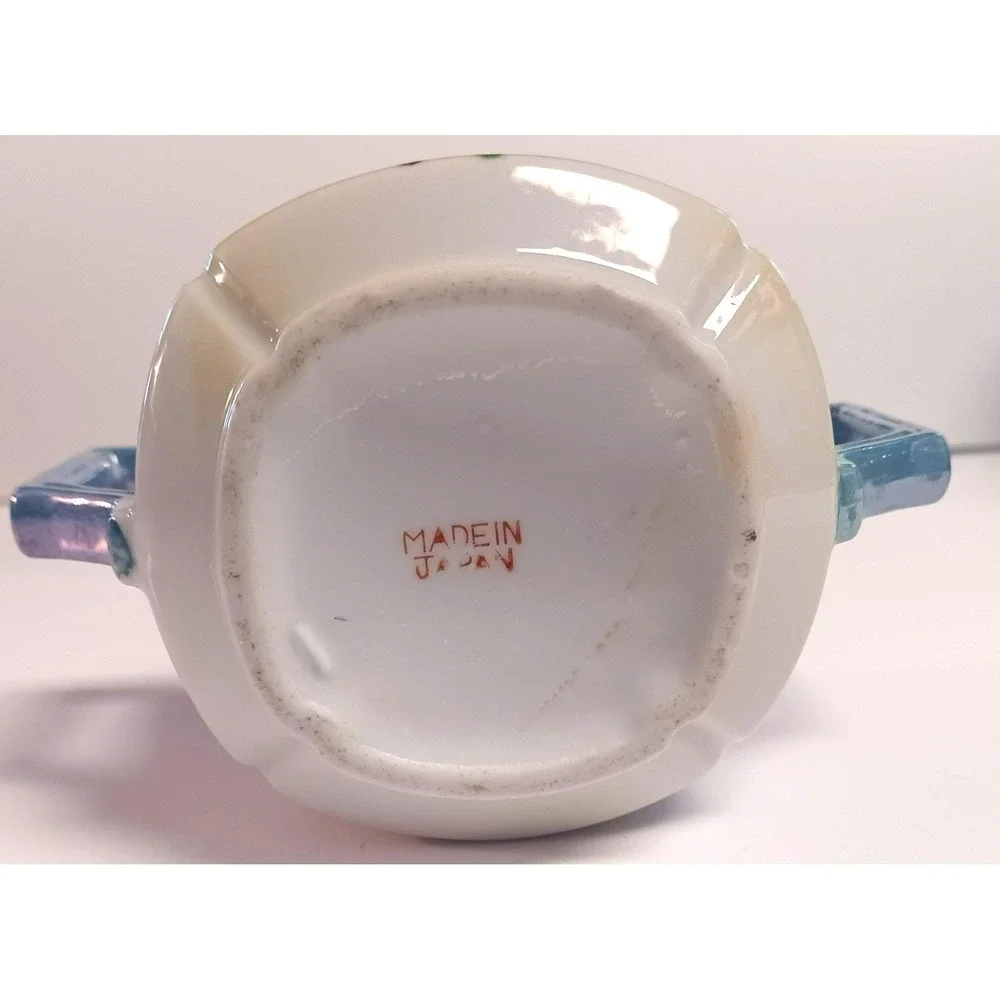 Vintage Japanese Lusterware Covered Sugar Bowl Hand Painted Orange Floral Blue